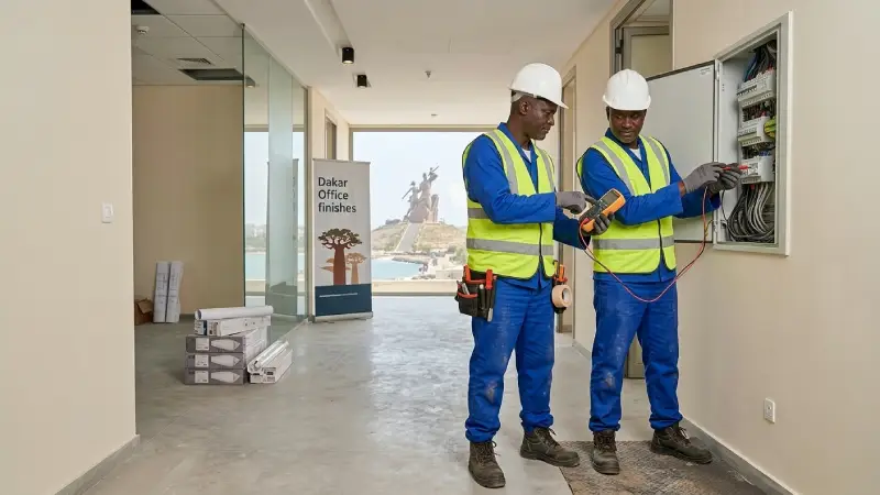 Équipe de techniciens électriciens sénégalais vérifiant une installation sur un chantier de bâtiment à Dakar