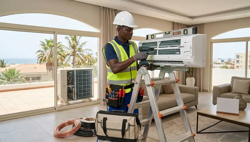 Technicien sénégalais installant un climatiseur split dans un salon à Dakar