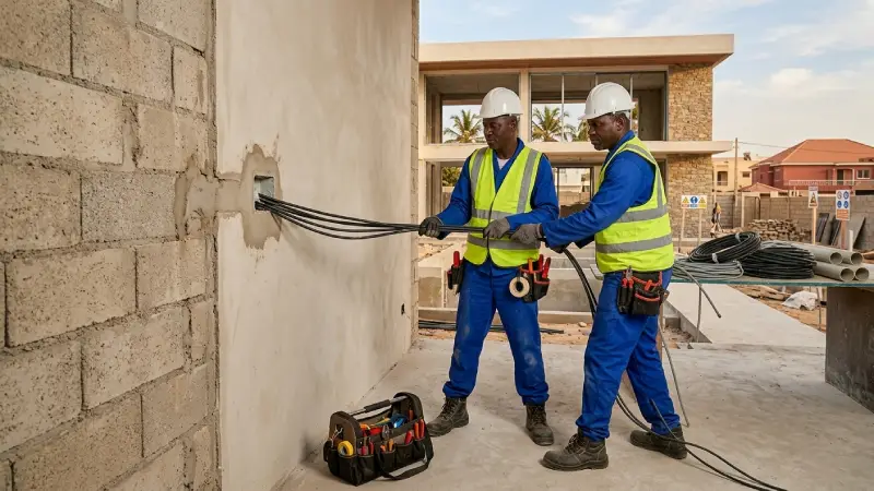 Technicien sénégalais de Kamal Electrique câblant un tableau électrique dans une villa à Dakar
