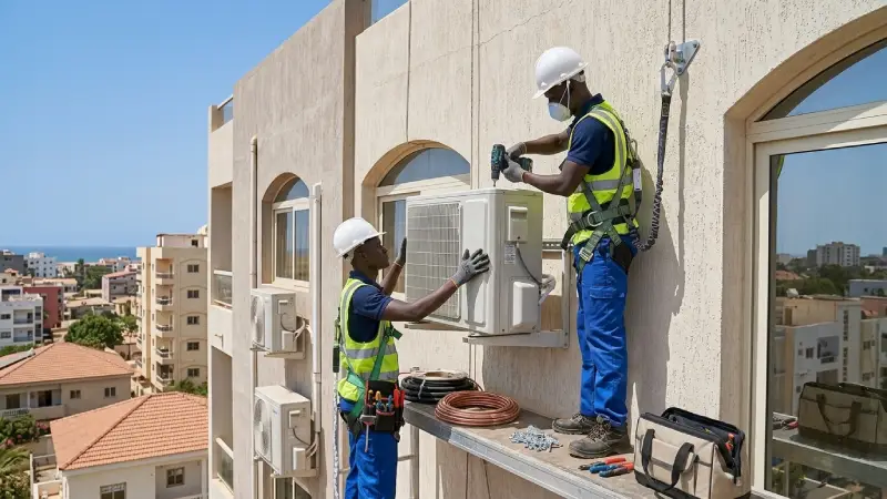 Technicien sénégalais entretenant l'unité extérieure d'un climatiseur sur le toit d'un immeuble de bureaux à Dakar