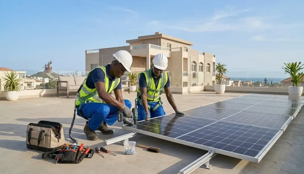 Techniciens sénégalais posant des panneaux solaires sur le toit d'une villa à Dakar
