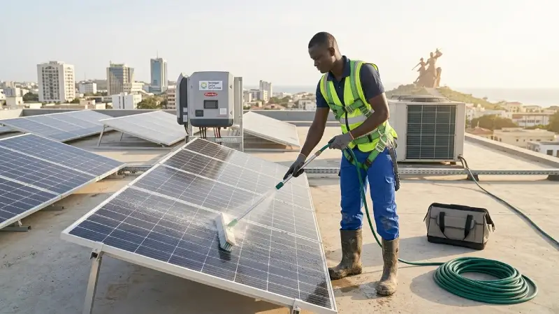 Technicien sénégalais vérifiant un onduleur solaire et un coffret de protection dans un local technique