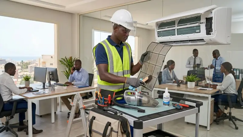 Technicien sénégalais de Kamal Electrique installant un climatiseur split dans un salon à Dakar