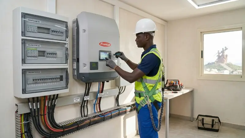 Techniciens sénégalais de Kamal Electrique posant des panneaux solaires sur la toiture d'une villa à Dakar